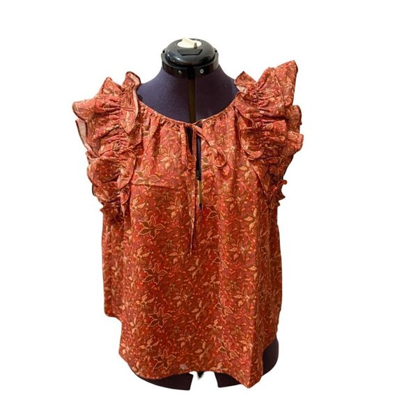 Aureum Women's Floral Ruffle Top Boho Style Size L 100% Rust/Orange - Picture 4 of 10